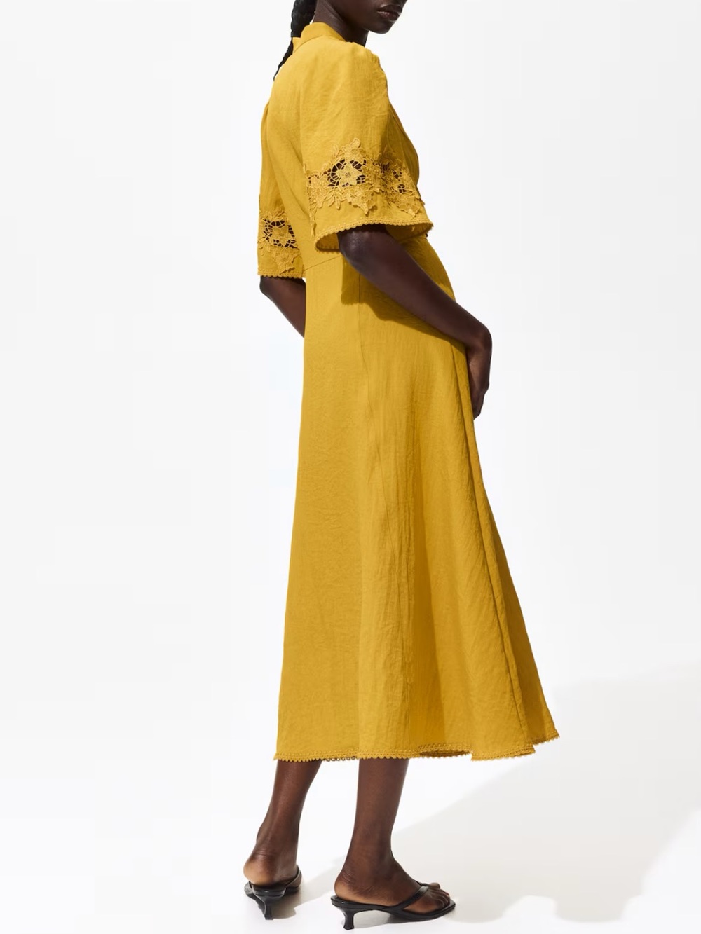 H&M Crinkled Midi Dress with Eyelet Embroidery Golden Yellow NWT - Picture 5 of 6